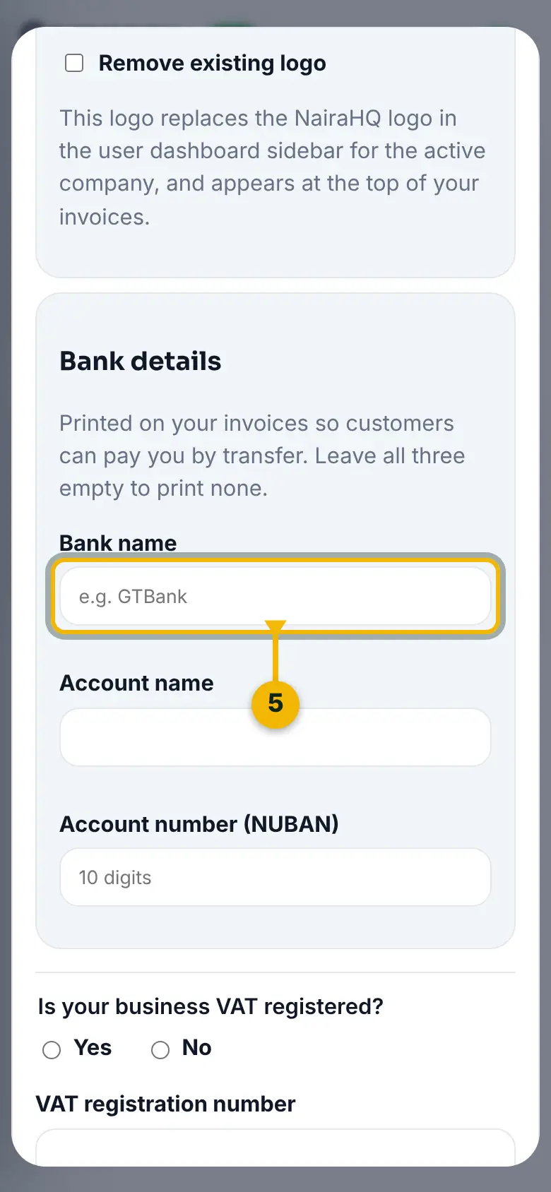 The Edit company form, with the Bank name field under Bank details marked.