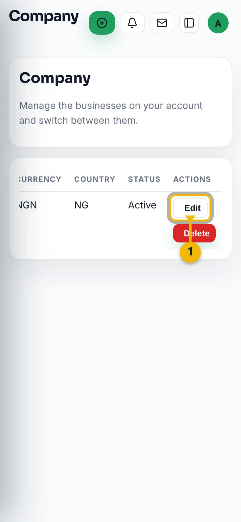 Company settings, with the Edit button on your company marked.