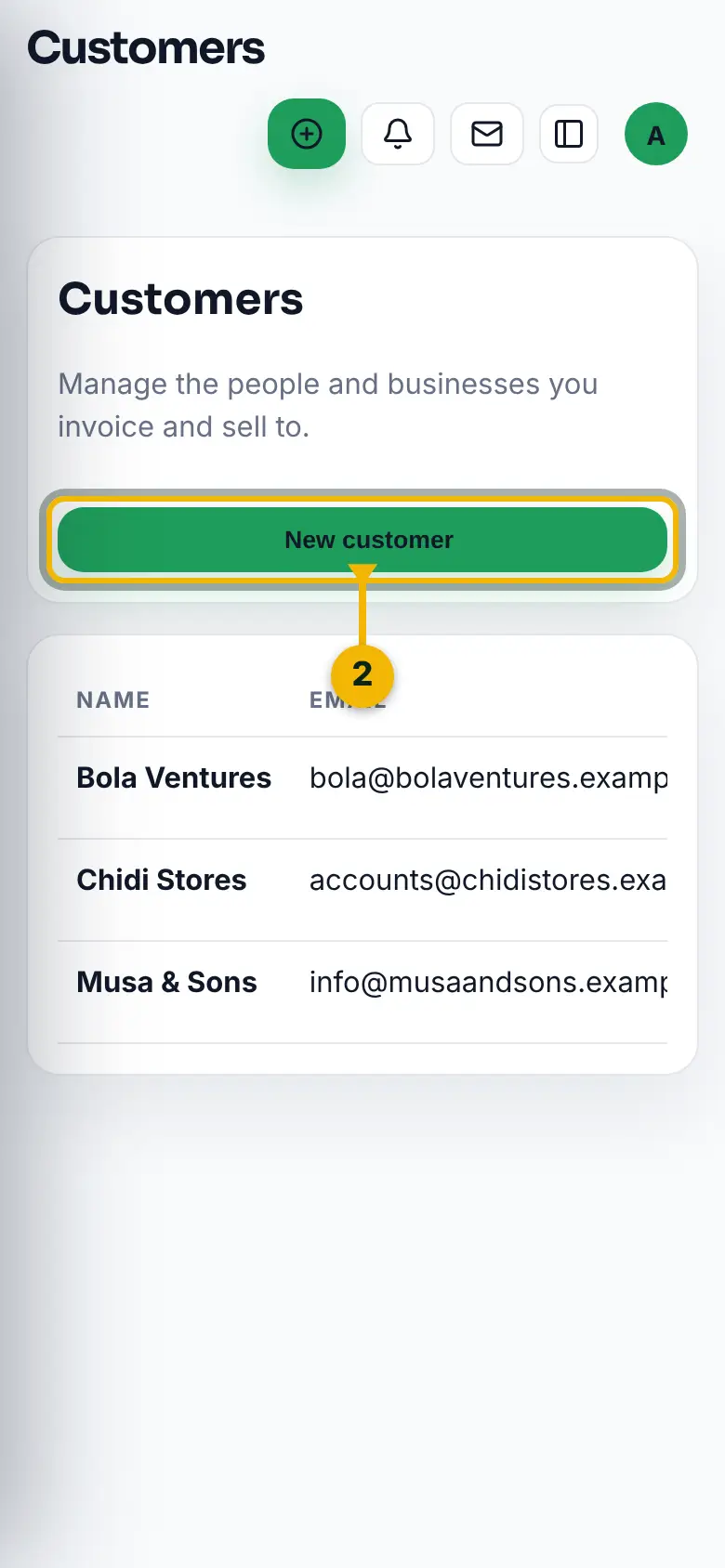 The Customers page, with the New customer button marked.