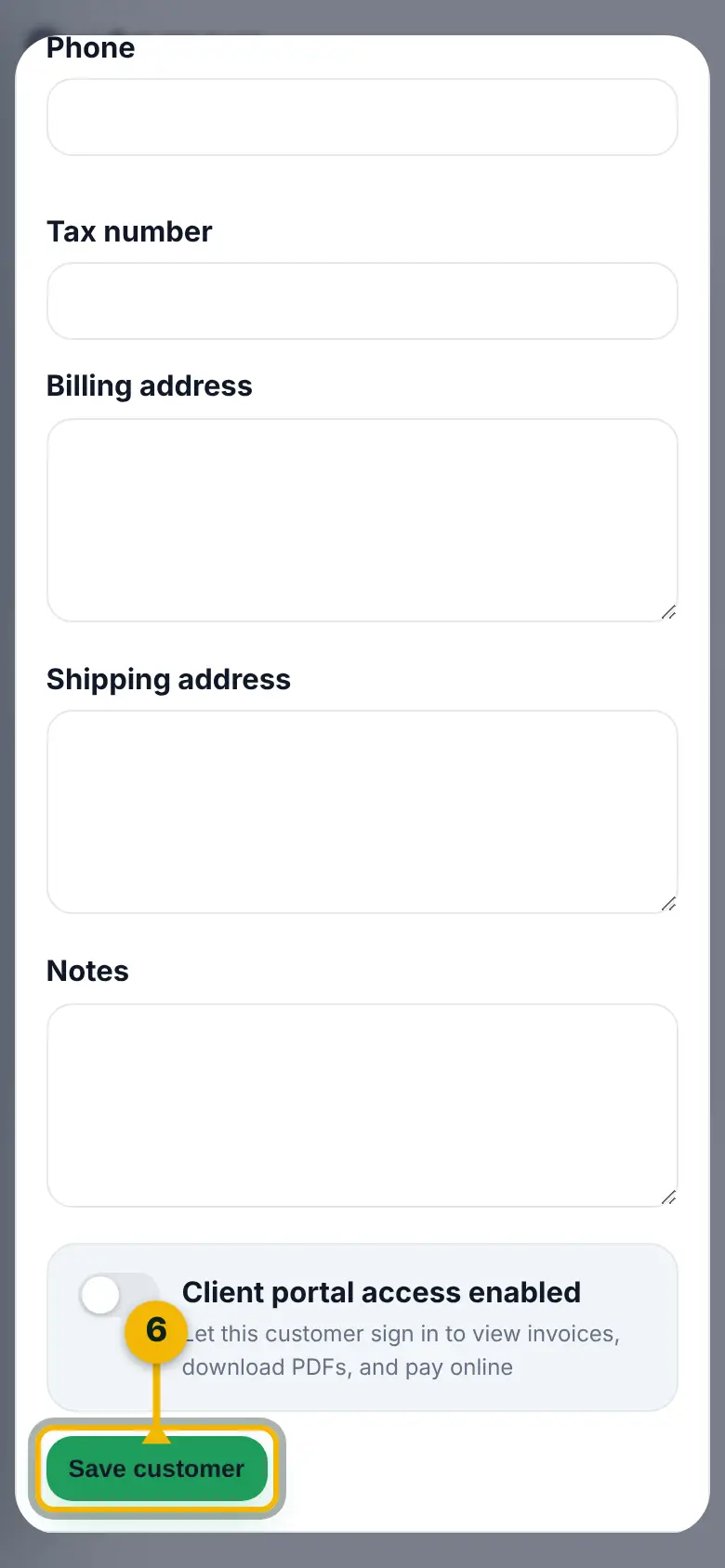 The bottom of the New customer form, with the Save customer button marked.