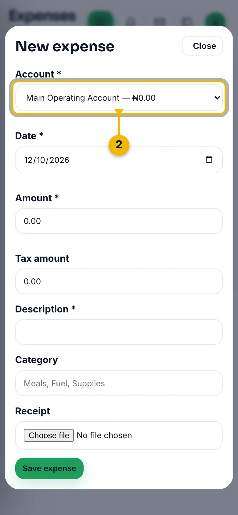 The New expense form, with the Account it was paid from marked.