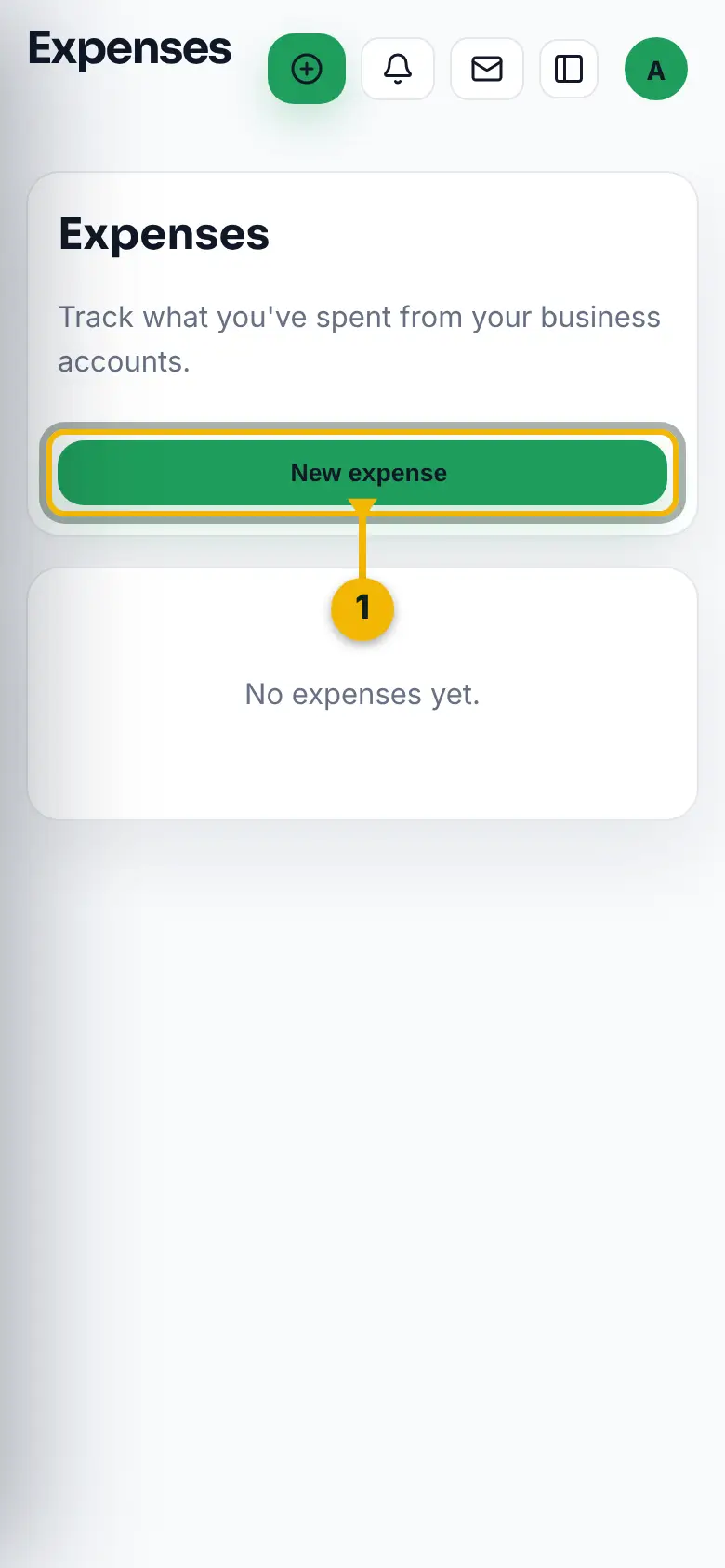 The Expenses page, with the New expense button marked.
