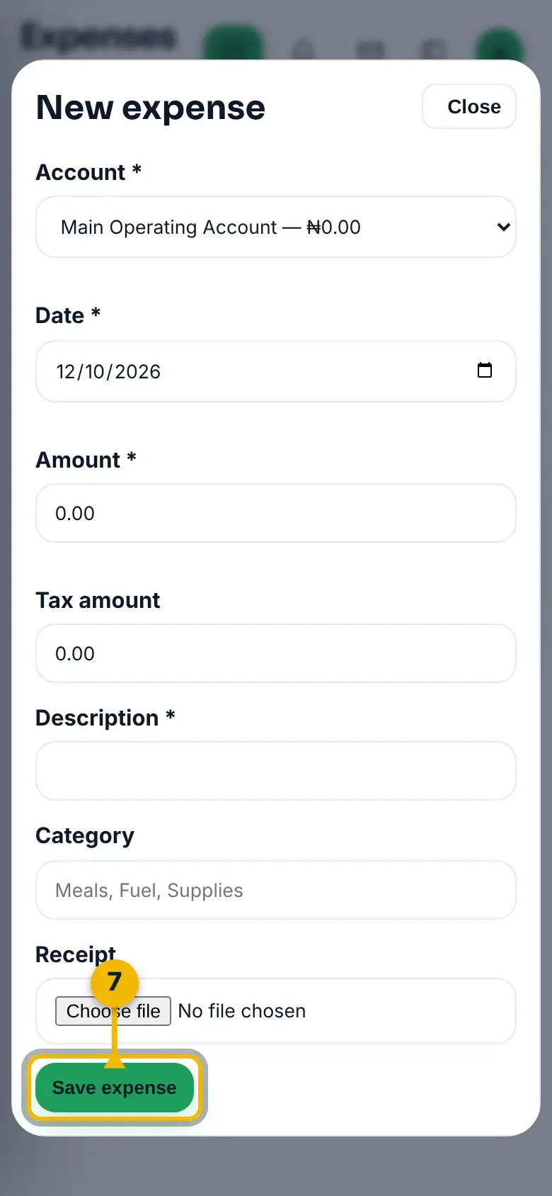 The bottom of the New expense form, with the Save expense button marked.