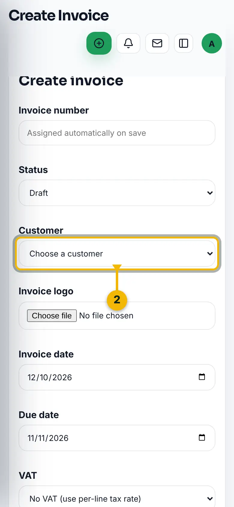 The new invoice form, with the Customer list marked.