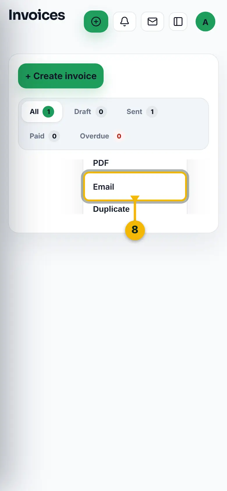 An invoice's menu open in the invoice list, with Email marked.