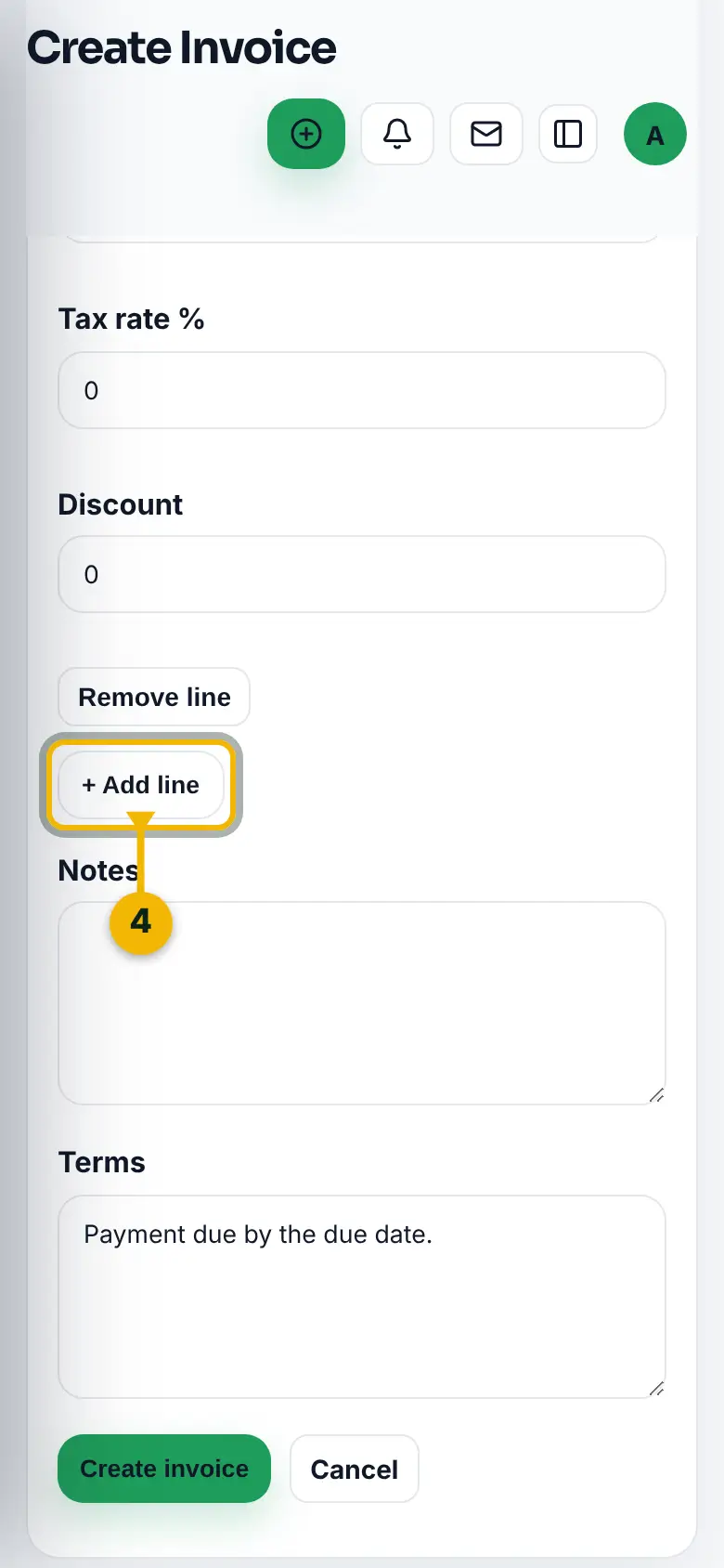 The line items on the new invoice form, with the Add line button marked.