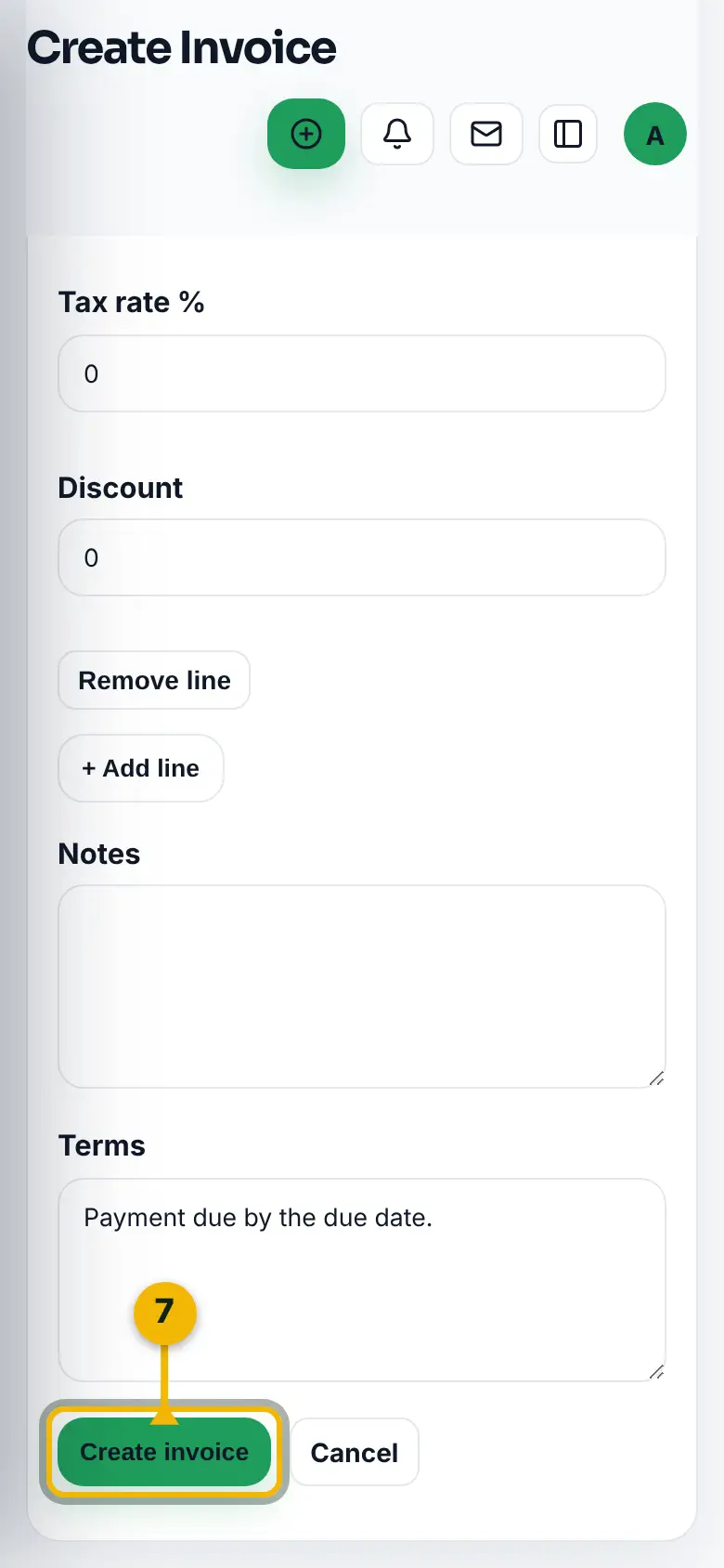 The bottom of the new invoice form, with the Create invoice button marked.