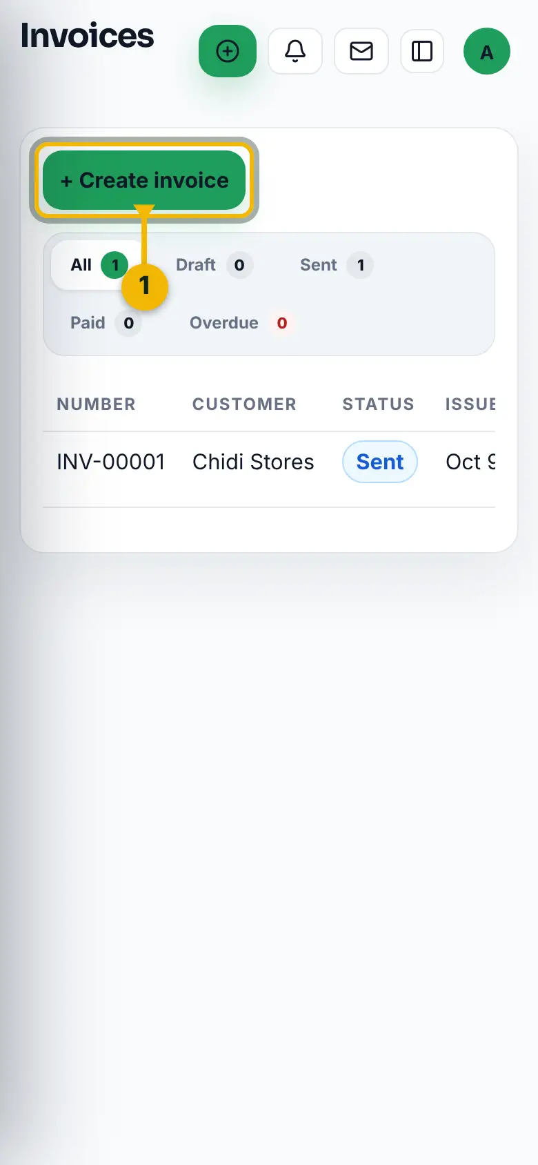 The Invoices page, with the Create invoice button marked.