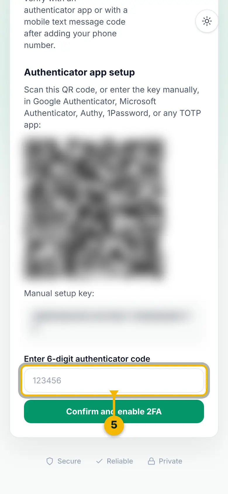 Two-factor authentication setup, with the QR code and key blurred and the 6-digit code box marked.