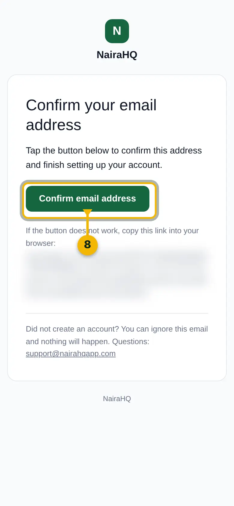 The Confirm your email address email, with the Confirm email address button marked.
