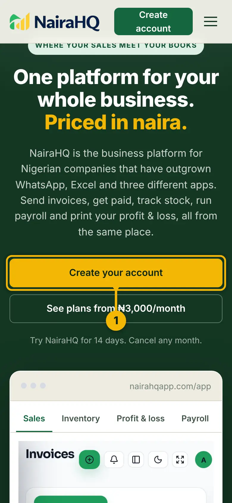The NairaHQ home page, with the Create your account button marked.