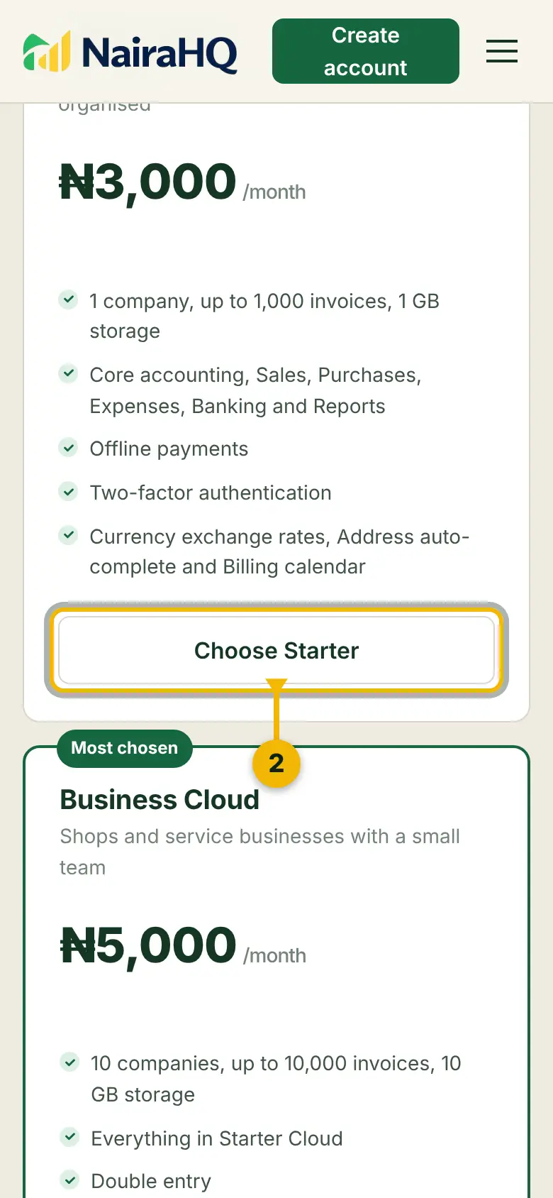 The plans page, with the Choose Starter button marked.