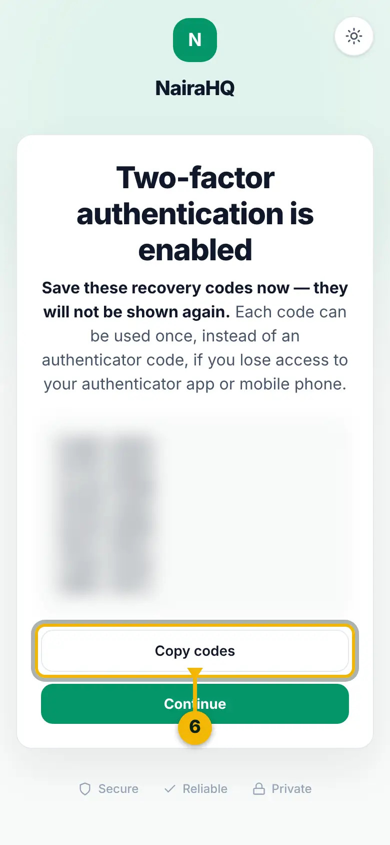 Two-factor authentication is enabled, with the recovery codes blurred and the Copy codes button marked.