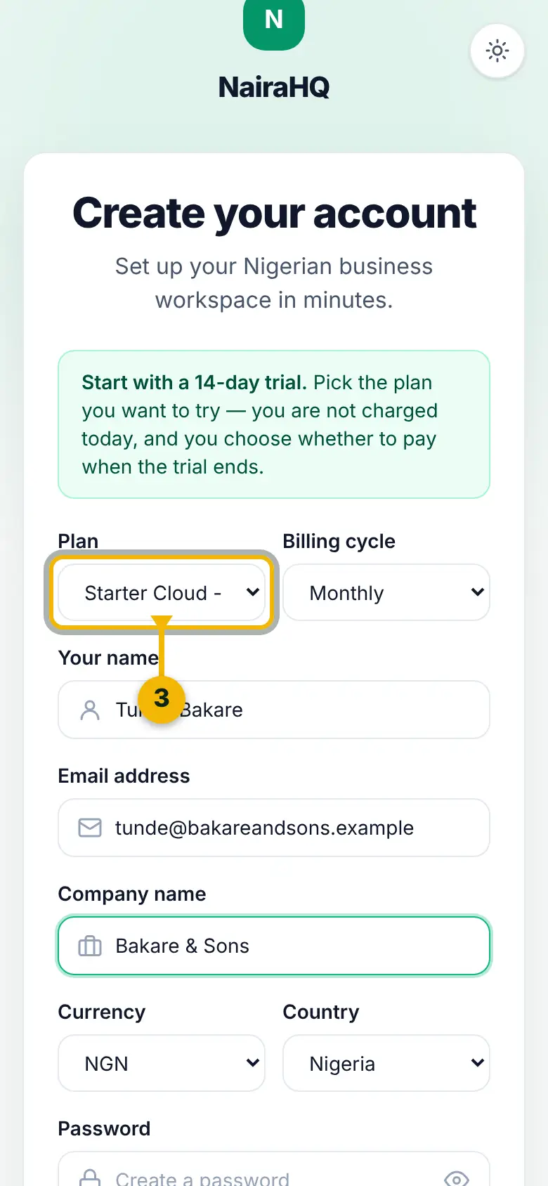The Create your account form, with the Plan already chosen and marked.
