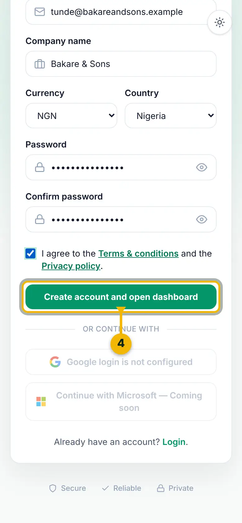 The bottom of the Create your account form: the Terms box ticked and the Create account and open dashboard button marked.