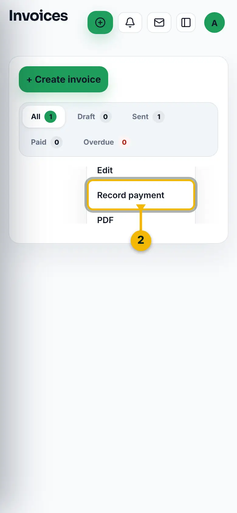 An invoice's menu open in the invoice list, with Record payment marked.