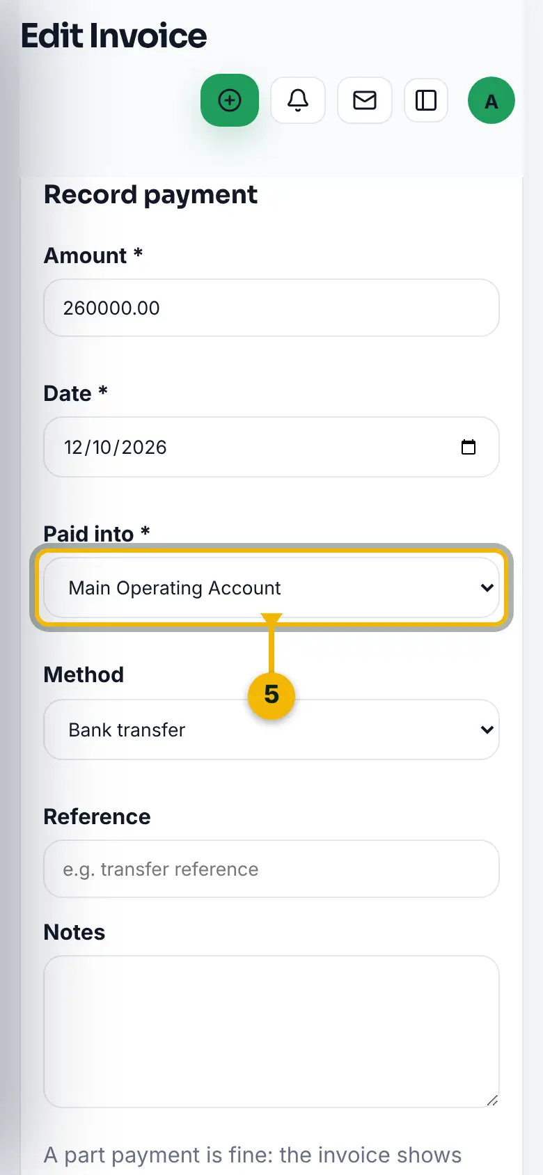 The record payment form on an invoice, with the Paid into account marked.
