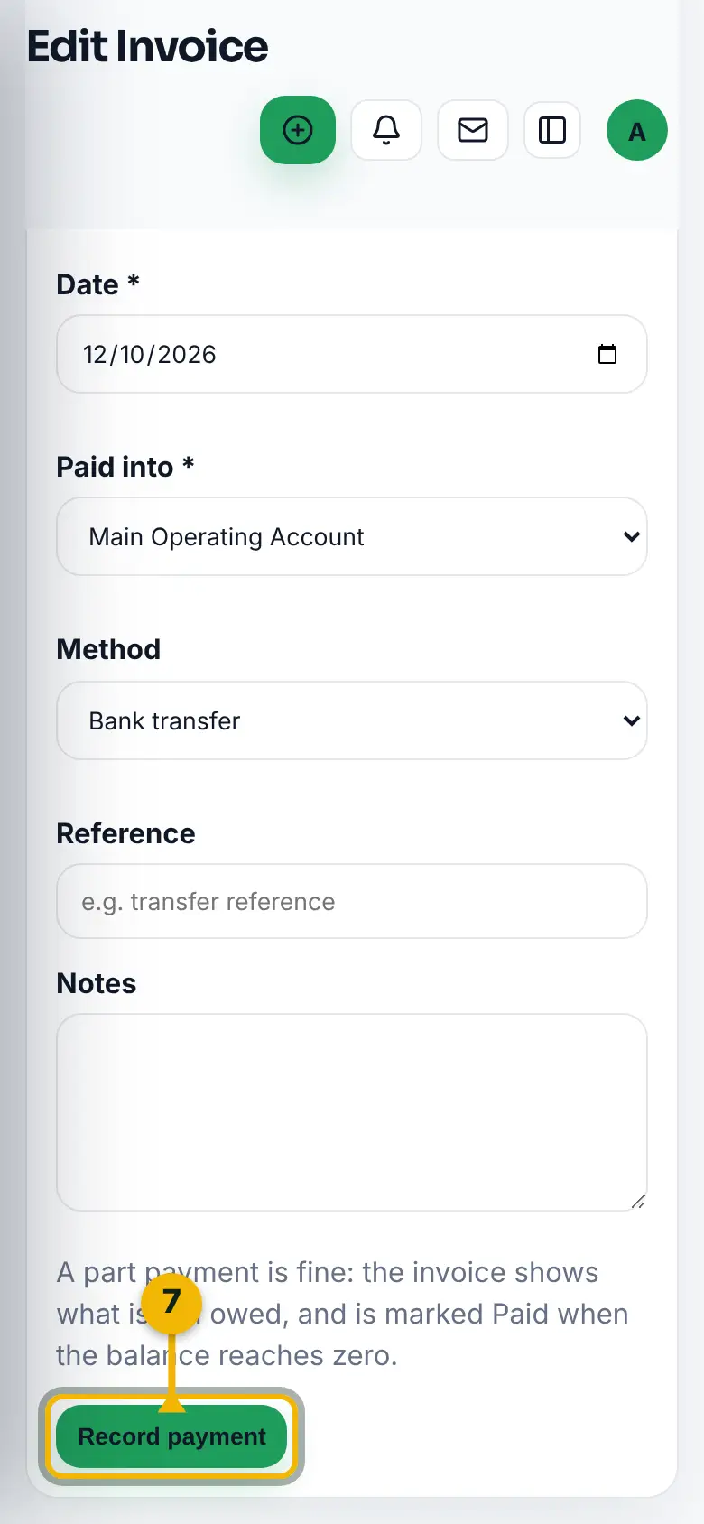 The bottom of the record payment form, with the Record payment button marked.