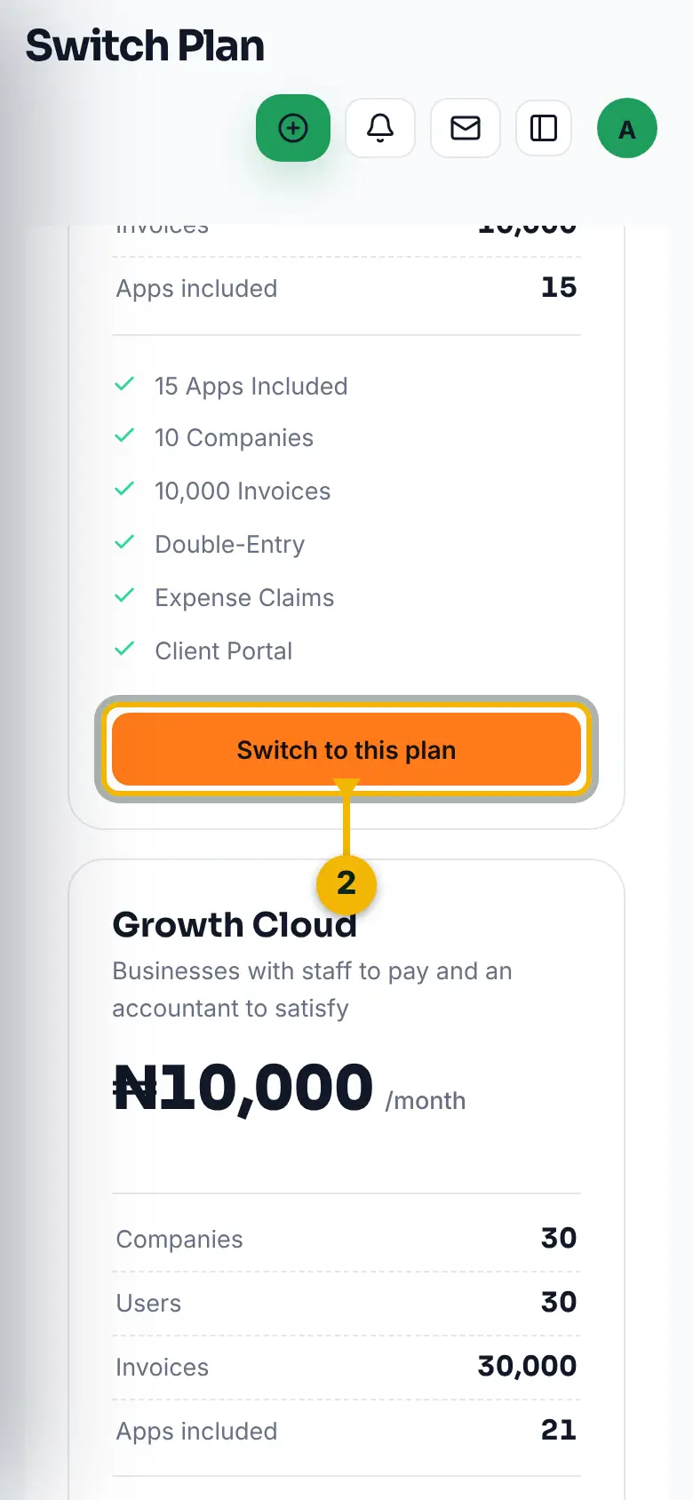 A plan card on the Plans and billing page, with its Try this plan button marked.