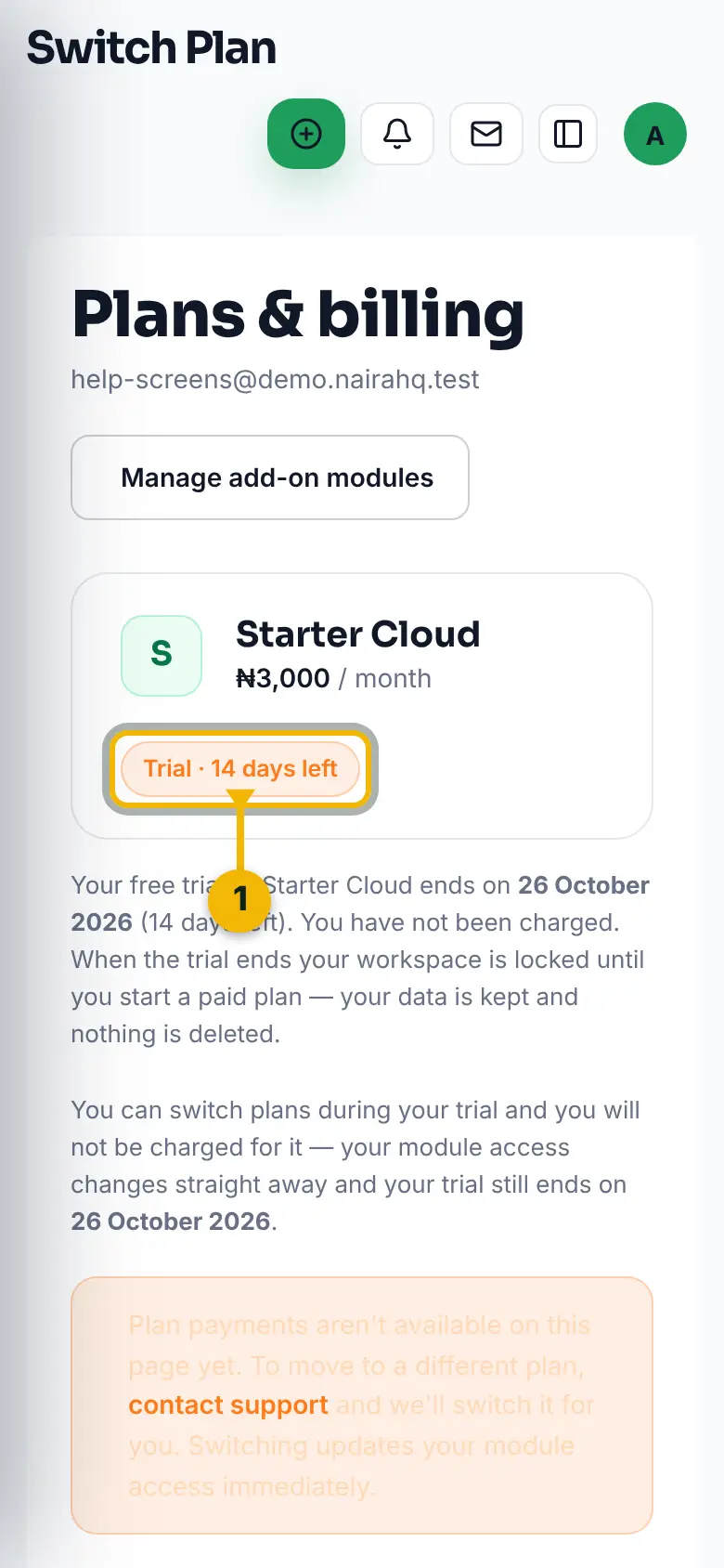 The Plans and billing page, with your trial and the days left marked.