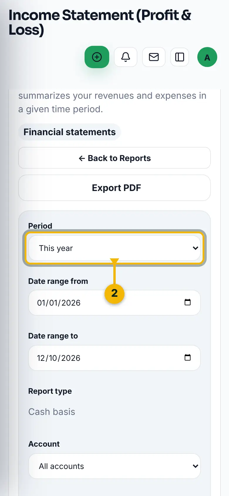 The Profit and Loss report, with the Period choice marked.