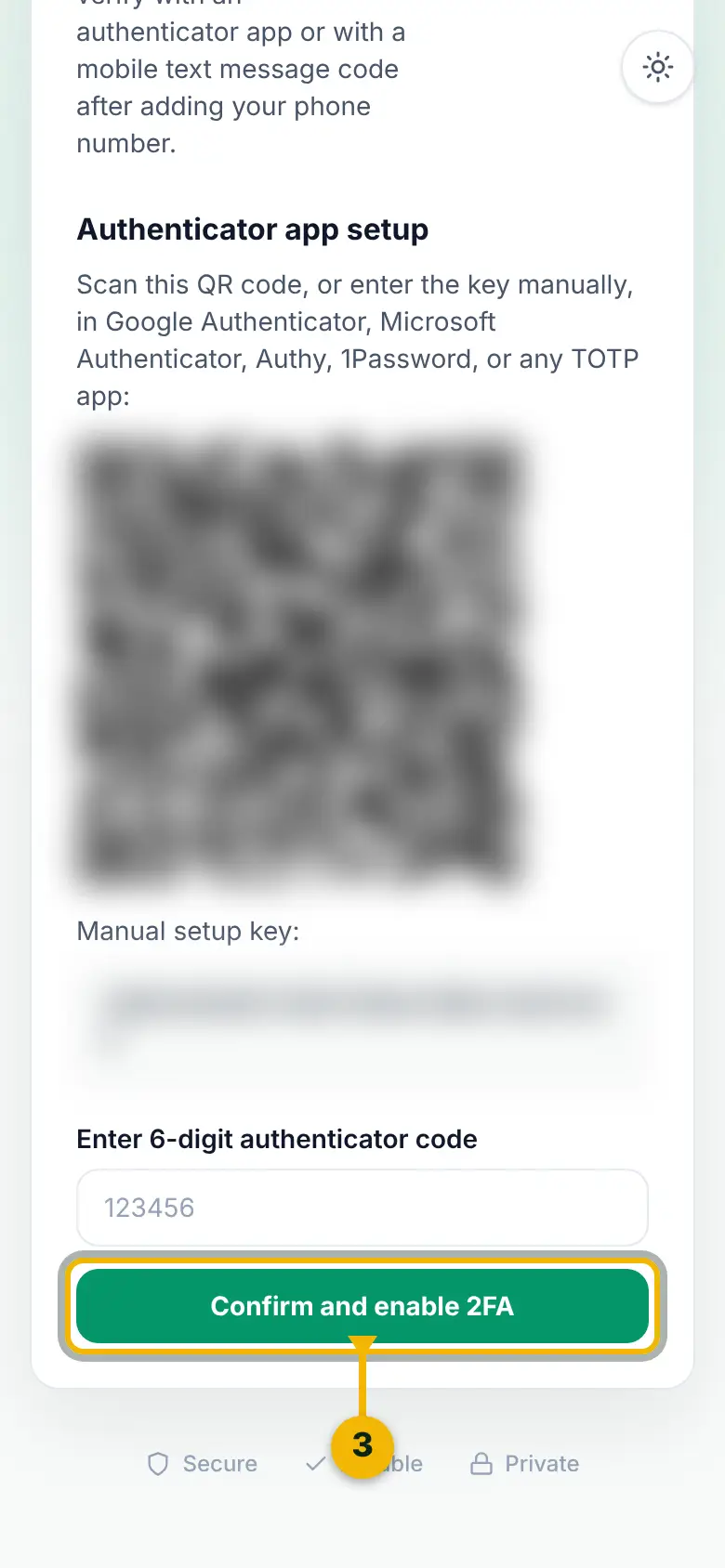 The 6-digit code box and the Confirm and enable 2FA button, marked. The QR code and key are blurred.