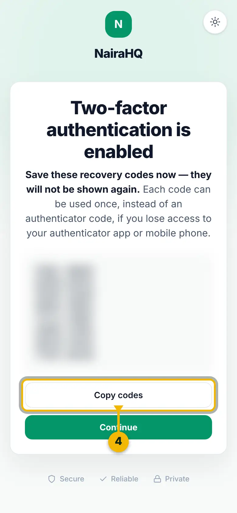 Your recovery codes, blurred, with the Copy codes button marked.