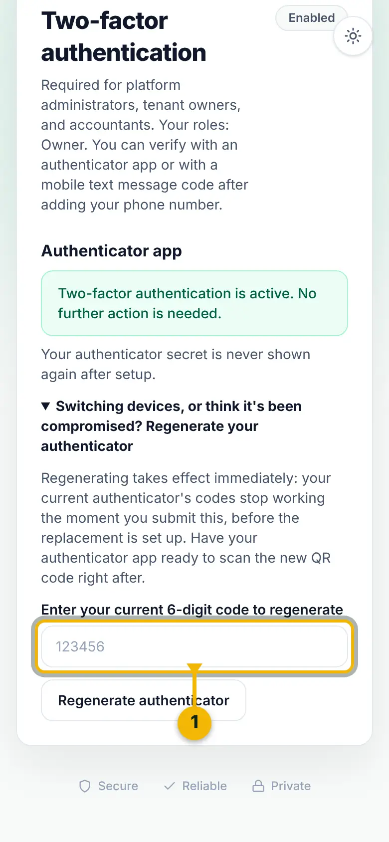 Two-factor authentication for an account that has it, with the box for regenerating the authenticator marked.