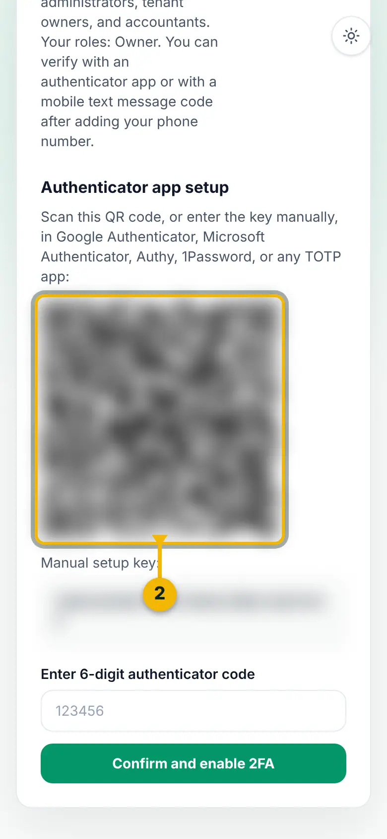 Authenticator app setup, with the QR code marked. The QR code and the manual setup key are blurred.