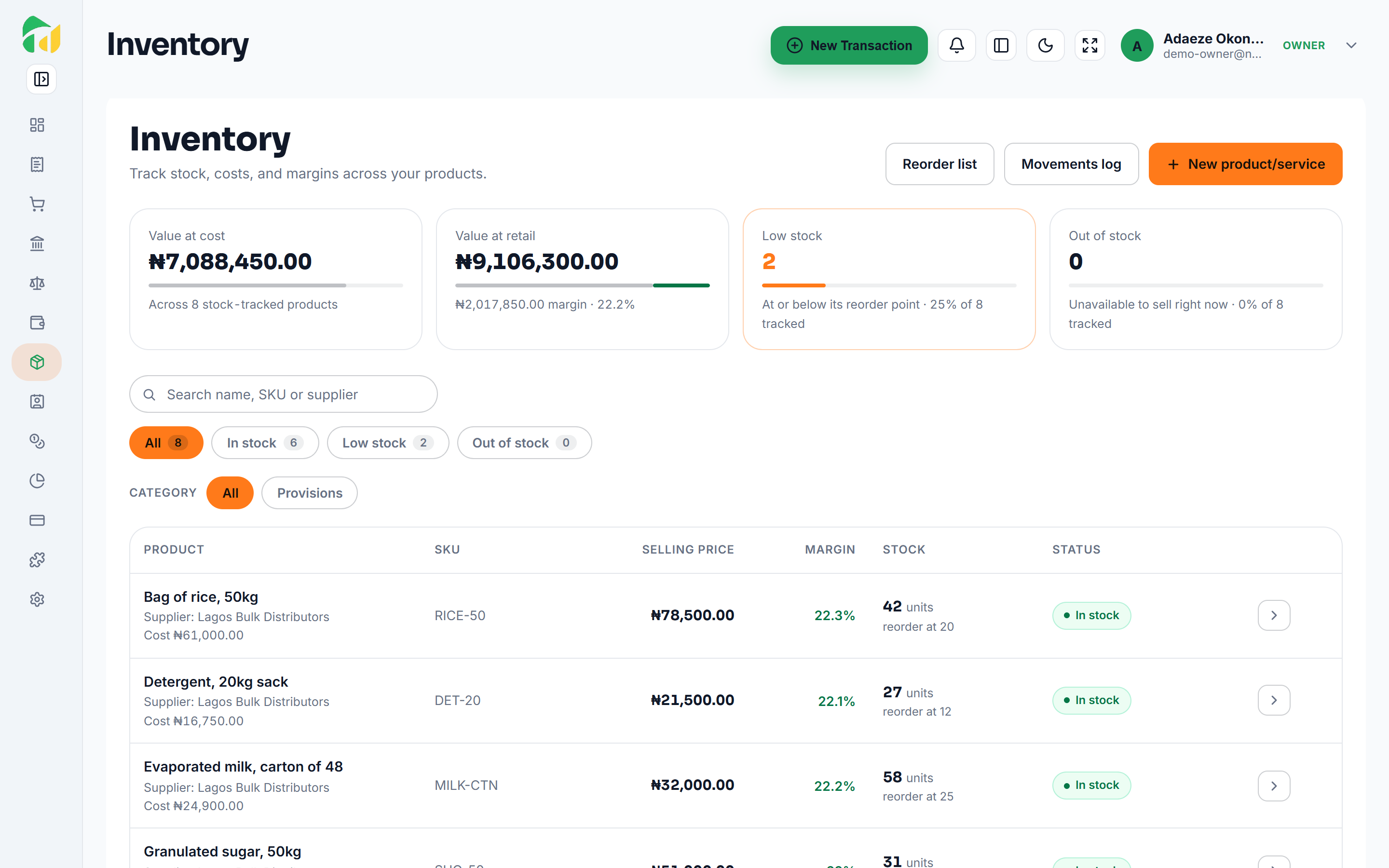 The NairaHQ inventory screen for a demo business, listing products with stock on hand and reorder points.