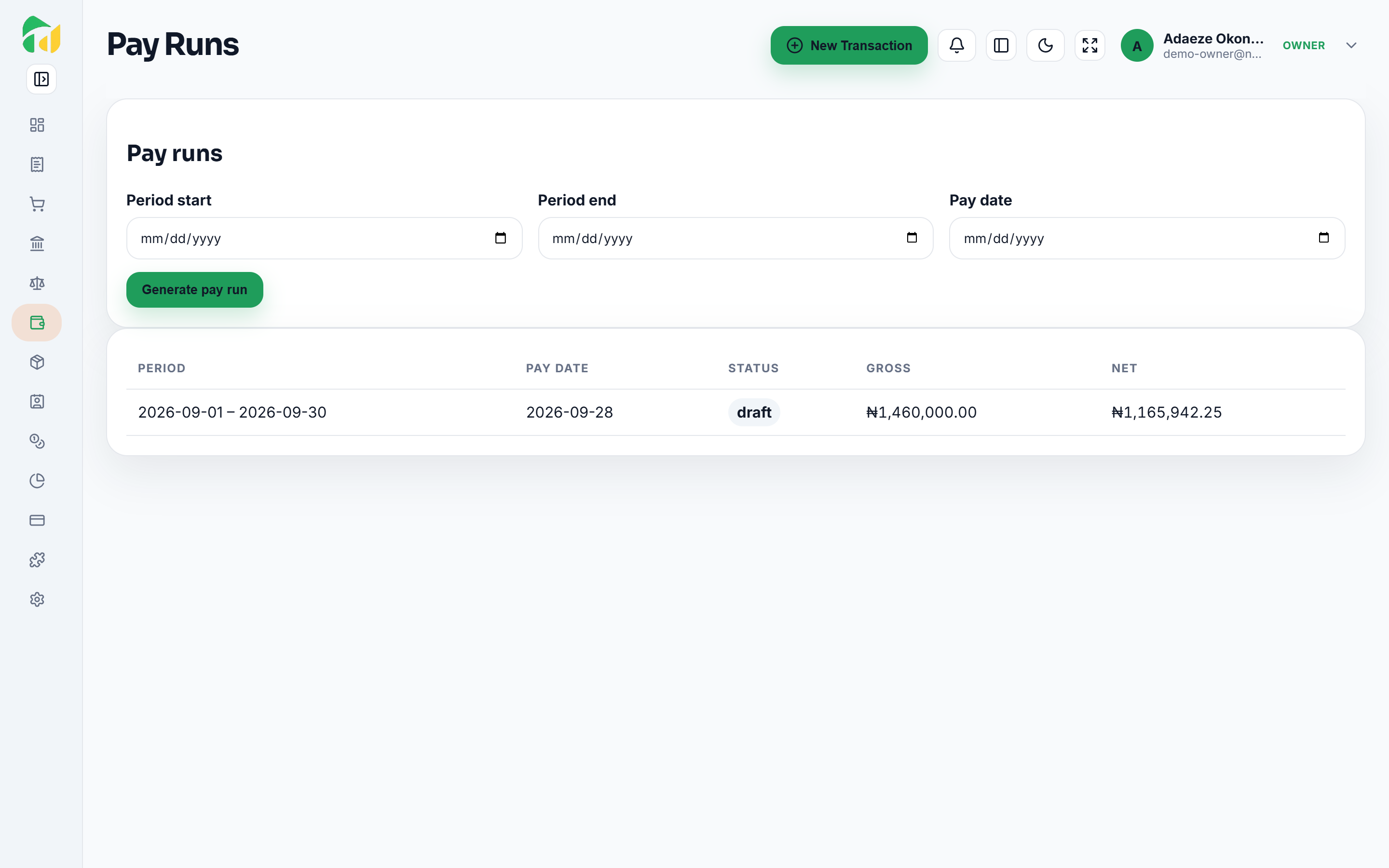 The NairaHQ payroll screen for a demo business, listing pay runs with their period and the status of each.