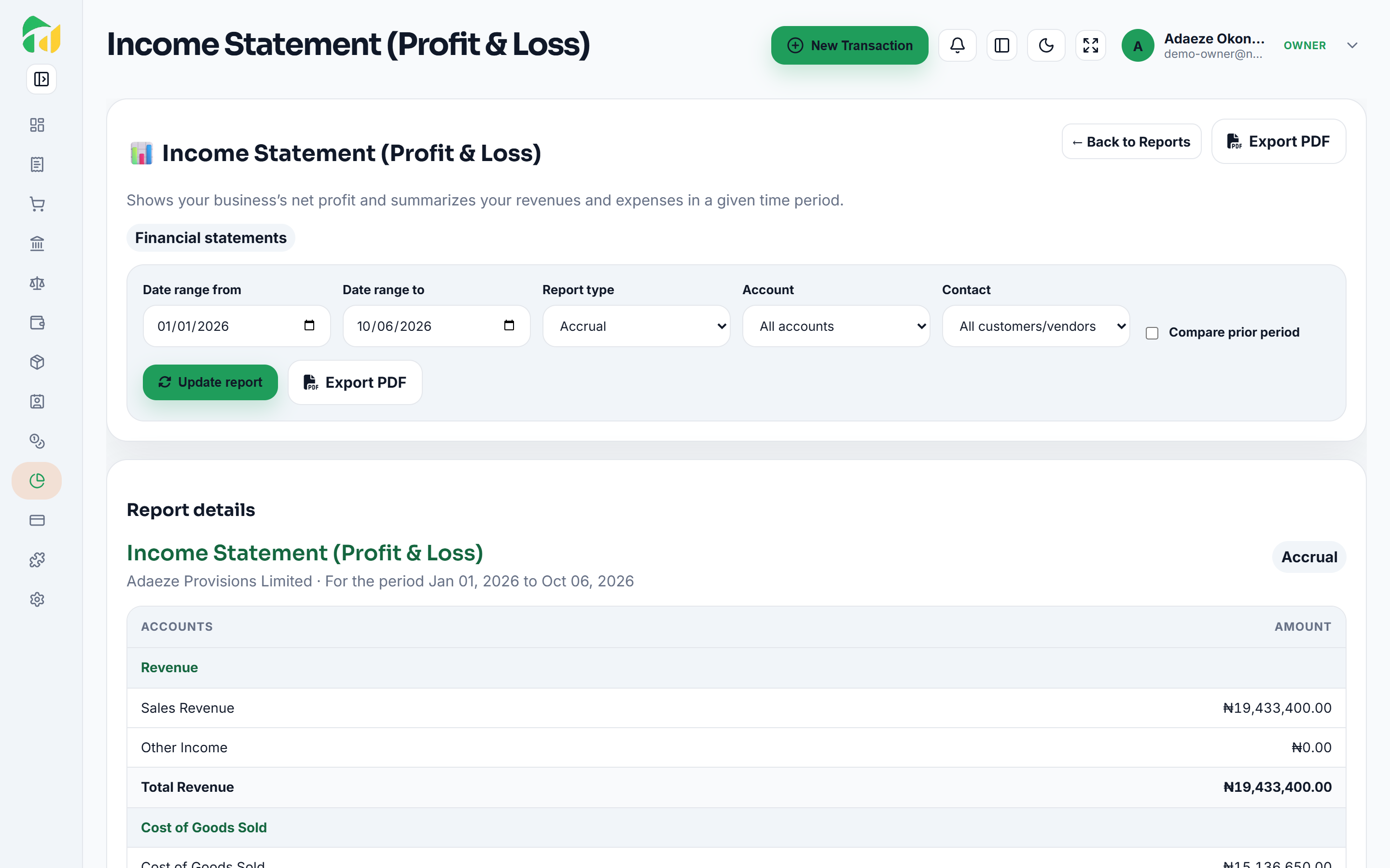 The NairaHQ profit and loss report for a demo business, showing revenue and expense lines by category for a month.